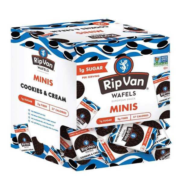 Rip Van Wafels Cookies & Cream Mini Stroopwafels - Low Carb Snacks (3g Net Carbs) - Non GMO Snack - Keto Friendly - Office Snacks - Low Calorie Snack (37 Calories) - Low Sugar (1g) - 32 Pack