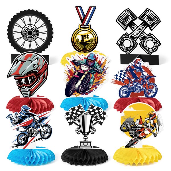 EmmgHen 9 Pcs Dirt Bike Party Centerpieces Motorcycle Motocross Racing Cross Country Themed Honeycomb Centerpieces 3D Table Toppers Decor Party Decorations Supplies for Boys Men Birthday Baby Shower