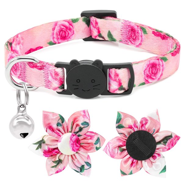 Cat Bowtie Collar Floral Rose Flower Cat Collar with Bells Breakaway Kitten Collar Halloween Cat Collar Puppy Collar Pink Cat Collars for Girl Cats