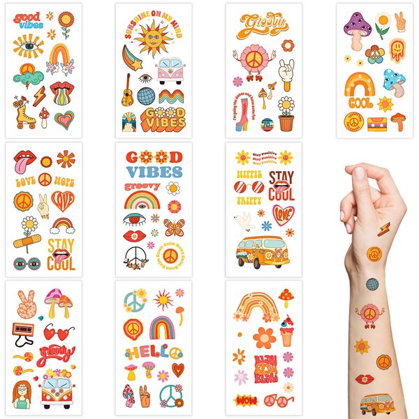 Hippie Temporary Tattoos,10 Sheets Peace and Love Daisy Flower Power Tattoo Stickers,Groovy Rainbow Face Tattoos for Adults and Kids Hippie Costume Birthday Party Supplies Accessories