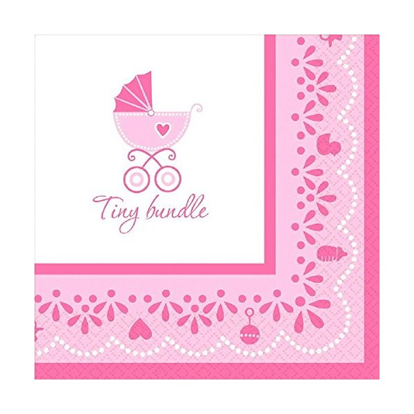 Amscan Sweet Celebrate Baby Girl Luncheon Napkins, 6.5 x 6.5", Pink/White