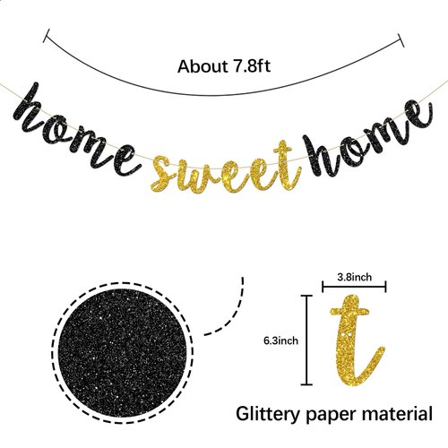 Black Glitter Home Sweet Home Banner - Welcome Back Sign Supplies - Welcome Home Bunting Housewarming Military Family Party Decorations