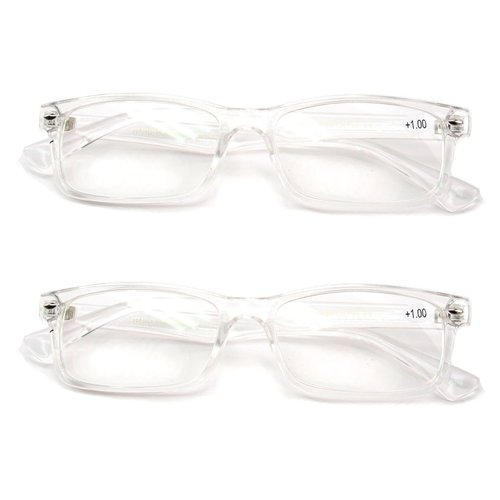 2 Pairs Casual Fashion Rectangular Reading Glasses - Stylish Simple Readers Magnification (Clear, 2.00)