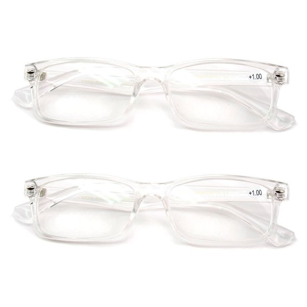 2 Pairs Casual Fashion Rectangular Reading Glasses - Stylish Simple Readers Magnification (Clear, 2.00)