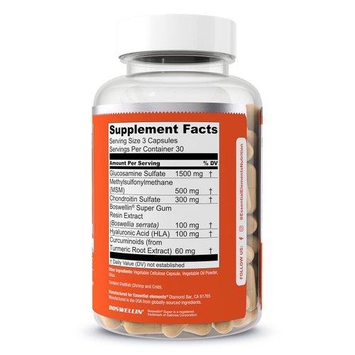 Essential Elements Glucosamine Chondroitin MSM Boswellia Serrata Hyaluronic Acid Supplement Joint Support Antioxidant Supplement for Flexibility - 90 Capsules