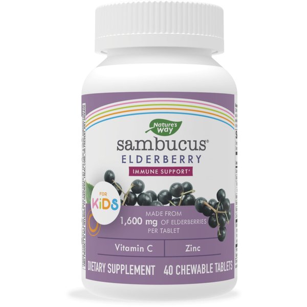 Nature's Way Sambucus Elderberry For Kids with Vitamin C and Zinc, Immune Support*, 40 Chewable Tablets