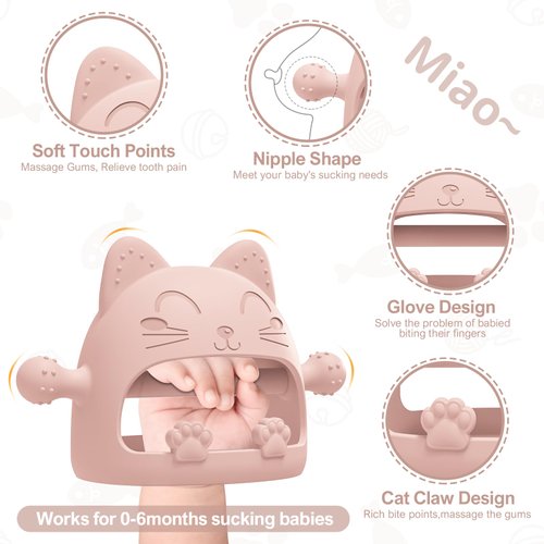 Baby Teether Toys,Silicone Teething Toys for Babies 0-6 Months,Never Drop Baby Chew Toys for Teething Relief, Teething Pacifiers,Baby Toys 0-6 Months,Ideal Gifts for Baby Shower（Cartoon Cat）