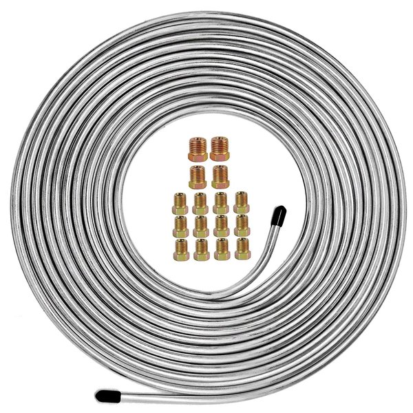 MuHize 25 Ft. of 1/4 Brake Line Tubing Kit - Flexible Zinc-Coated Steel Tube Roll 25 ft 1/4" Rustproof, Corrosion Protection (Includes 16 Inverted Flare Fittings)