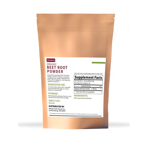 Elite Nutrient Organic Beet Root Powder, Non-GMO, Gluten Free, Vegan Superfood, Nitric Oxide Booster, Increase Stamina & Enhance Exercise Performance (Individual Package)