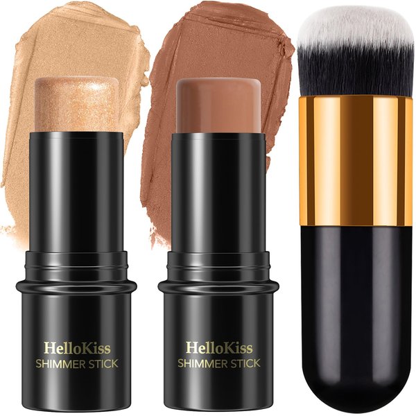 2Pcs Cream Contour Stick Makeup Kit, Cream Highlighter Stick and Bronzer Contour Stick with Longwear Waterproof Formula for Brightening and Trimming the Cheeks, Makeup Brush Include (#04, 07)