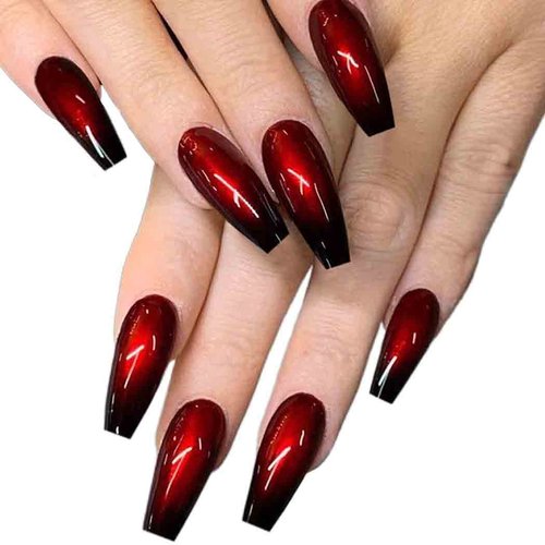 Outyua Halloween Red Black Press on Nails Ombre Coffin Fake Nails Long False nails with Designs Acrylic Witch Ghost Nails for Women and Girls 24Pcs (Red & Black)