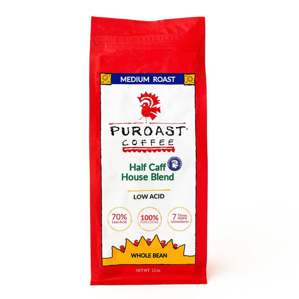 Puroast Low Acid Coffee , Whole Bean , Half Caff House Blend , Medium Roast , Certified Low Acid Coffee , pH 5.5+ , Gut Health , 12 Oz , Higher Antioxidants , Smooth for Cold Brew , Decaf Coffee