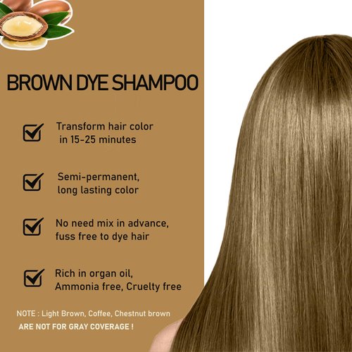 Fvquhvo Light Brown Hair Dye Shampoo 3 in 1, Argan Oil Instant Hair Color Shampoo, Long Lasting Brown Hair Shampoo, Semi-Permanent Shampoo Hair Dye, Brown Shampoo Easy to Use (Light Brown)