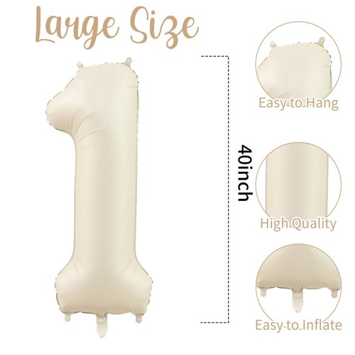 40 Inch Cream White 1 Balloon Numbers, Large Number 1 Balloon Foil Helium Number Balloons, Big 1st Foil Birthday Balloons for Boys Girls 1st Birthday Party Decorations Anniversary Party Supplies