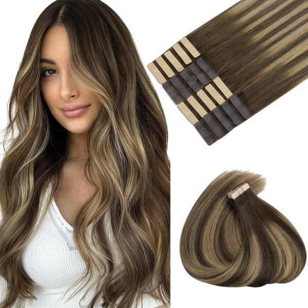 MAXITA Tape in Hair Extensions Human Hair 24inch 50g 20pcs Chocolate Brown to Caramel Blonde Real Human Hair Extensions Seamless Hair Extensions Remy Silky Straight Hair Extensions