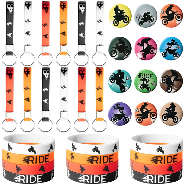 ANGOLIO 36Pcs Dirt Bike Birthday Party Favor Supplies Set for Include Wristbands Stickers Motocross Button Badges and Keychain for Motorcross Party Supplies Favor for Kids Teens Fans of Motocross