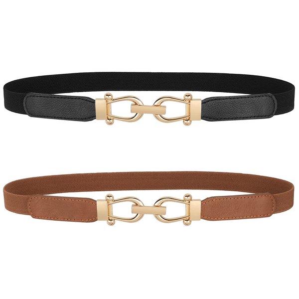 JASGOOD Women Skinny Elastic Belt for Dresses,Thin Retro Stretch Waist Belt with Golden Buckle 2 Pack,Black+Brown,Fit waist size 27-31 inch