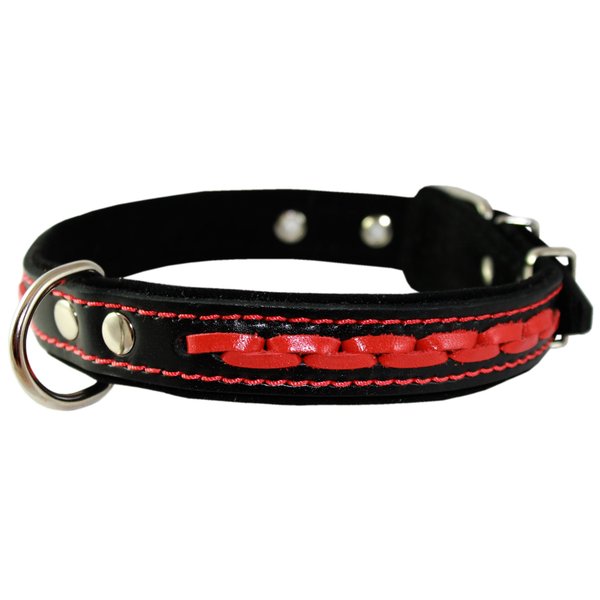 Red on Black Genuine Leather Braided Dog Collar 20"x1", Fits 14"-18" Neck