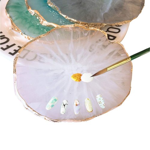JASSINS Resin Nail Art Palette,Nail Art Painting Mixed Color Palette Gold Edge Nail Gel Color Makeup Display Board(White)