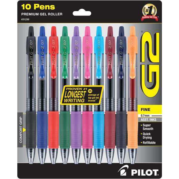 Pilot, G2 Premium Gel Roller Pens, Fine Point 0.7 mm, Assorted Colors, Pack of 10