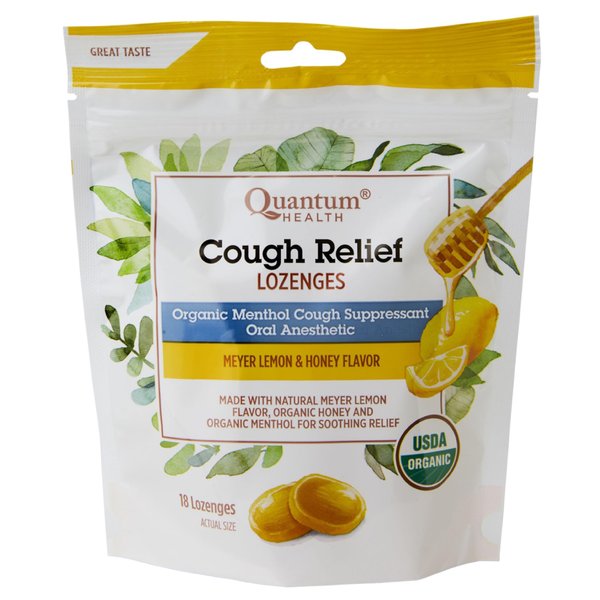Quantum Health Organic Cough Relief Lozenges, Meyer Lemon & Honey, Natural Menthol Cough Suppressant, Bagged, 18 Ct, Light Yellow