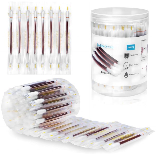 100pcs Disposable Iodine Swab Cotton Swab Medical Iodine Cotton Stick Clean Wounds Care for Outdoor Medical Supplies (Medical Iodine Swab)