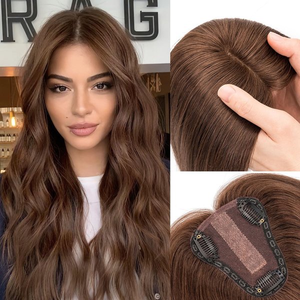 Rich Choices Human Hair Topper 12inch Hair Toppers for Women Real Human Hair #2 Dark Brown Hair Toppers for Thinning Hair Clip in Hair Topper Hand-made Silk Base More Realistic