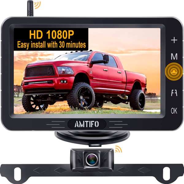 AMTIFO Wireless Backup Camera Touch Key - 5 Inch Split Screen Monitor Truck Rear View Camera Waterproof Clear Night Vision Car Rever Camera System DIY Guide Lines A6