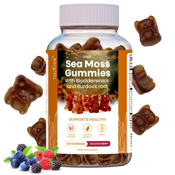 Irish Sea Moss Gummies– 120 Delicious Berry Vegan Seamoss Gummies with Burdock Root, Seamoss & Bladderwrack – Gummy Vitamins to Support a Healthy Thyroid, Gut & Immune – for Adults & Kids