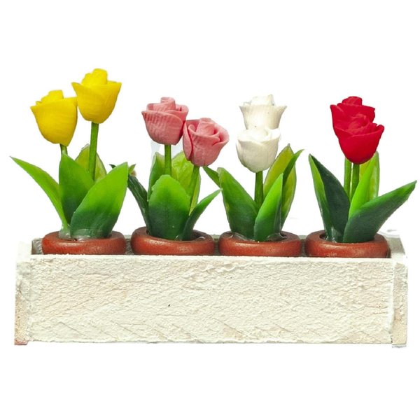 Dollhouse White Window Box with 4 Pots of Roses Miniature Garden Accessory