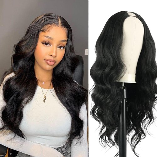 KRSI V Part Wig Body Wave Glueless Wig Clip in Extensions Thin Part Wig Long Wavy Black Half Wig for Black Women, Hair No Leave Out V Part Wigs Beginner Friendly No Sew in Synthetic Wigs(24 inch)