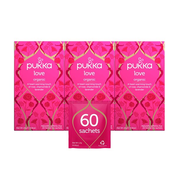 Pukka Organic Tea Bags, Chamomile, Rose and Lavender, Love Herbal Tea, 20 Count (Pack of 3)
