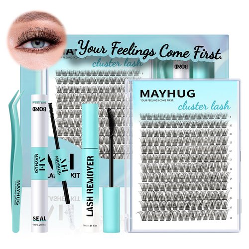 MH Cluster Eyelash Extensions Kit Lash Clusters Kit Lash Clusters with 12ML Bond and Seal Waterproof, 12ML Lash Remover, Lash Tweezers for DIY Lash Extension Kit (168PCS, 8-18mm)