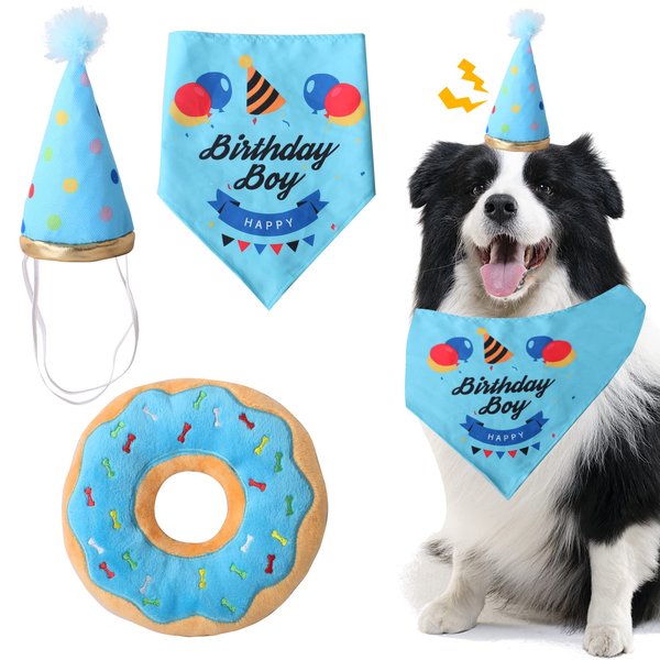 D KING D KING Dog Birthday Party Supplies,Dog First Birthday Bandana,Squeaky Dog Birthday Hat,Cute Puppy Toy for Small Medium dogs(Boy)