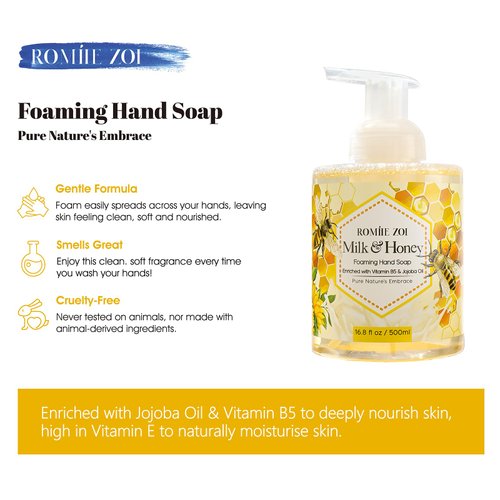 ROMIIE ZOI Foaming Hand Soap with Gift Box- Milk + Honey - Biodegradable Formula Moisture & Revitalize - 500 ml/ 16.8 fl oz