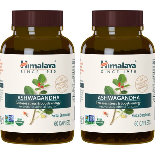 Himalaya Organic Ashwagandha, 120 Day Supply, Herbal Supplement for Stress Relief, Energy Support, Occasional Sleeplessness, USDA Organic, Non-GMO, Vegan, Gluten Free, 670 mg, 60 Caplets, 2 Pack