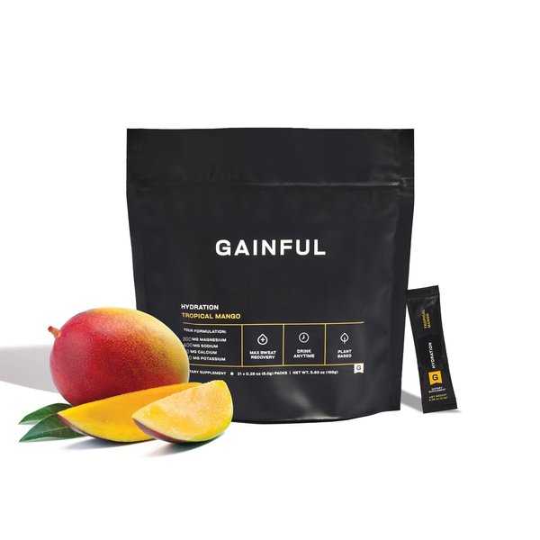 Gainful Hydration Powder Packets, Caffeine Free with Key Electrolytes Magnesium and Sodium for Intense Activity, Energy Support, Low Sugar Electrolyte Drink Mix, Tropical Mango, 21 Sticks