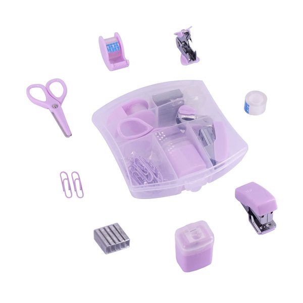 Yizocenguo Mini Office Supply Kits – Includes Mini Stapler,Scissors, Staple Remover, Staples, Tape Dispenser (Purple)