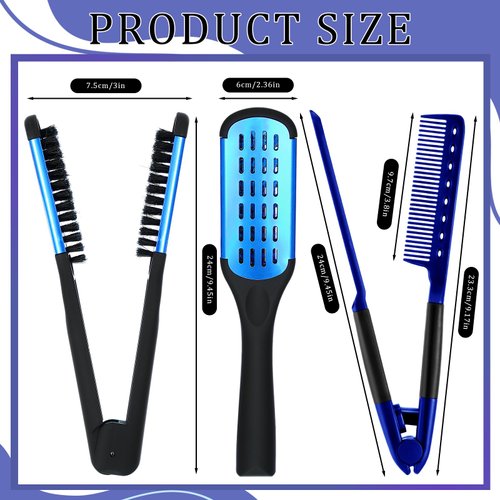 CHENGU Hair Straightening Comb, 2 Pcs Boar Bristles Clamp Double Sided Brush & V Shaped Styling Hair Comb, for Straightening Knotty Unkempt Hair (Blue, Black)