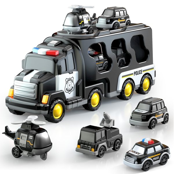 Beby Buty 5 in 1 Police Trucks Cars Toys for Toddlers 3-5, Boy Toddler Car Truck Toys with Light Sound, Birthday Gifts Toys for 3 4 5 6 Year Old Boy, Transport Carrier Truck for Toddlers 3-5 Years