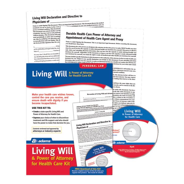 Adams Living Will and Power of Attorney for Healthcare Kit with manual and planning guide, White