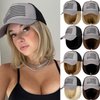 Qlenkay American Flag Hat Wig USA Flag Adjustable Baseball Cap Attached with 14" Hair Extensions Straight Bob Synthetic Hairpiece for Women Dark Black