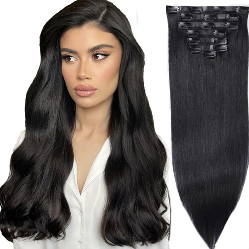 DIYOMO Seamless Hair Extensions - Real Human Hair,Human Hair Extensions Clip in Hair Extensions 120g 7pcs PU Skin Weft for Women Clip In Hair Extensions Real Human Hair 16Inch Light Jet black #1