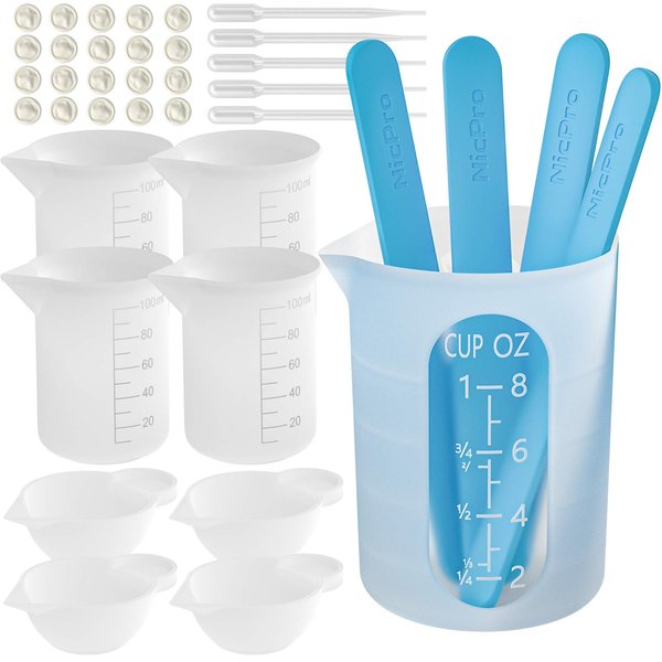 Silicone Resin Measuring Cups Tool Kit- Nicpro 250 & 100 ml Measure Cups, Silicone Popsicle Stir Sticks, Pipettes, Finger Cots for Epoxy Resin Mixing, Molds, Jewelry Making, Waxing, Easy Clean