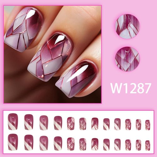 CEWEWP Square Press on Nails Medium Purple White Check Acrylic Nails Press ons European and American Fashion Fake Nails Geometrical Designs Full Cover Glossy Glue Stick on Nails for Women Girls 24 Pcs
