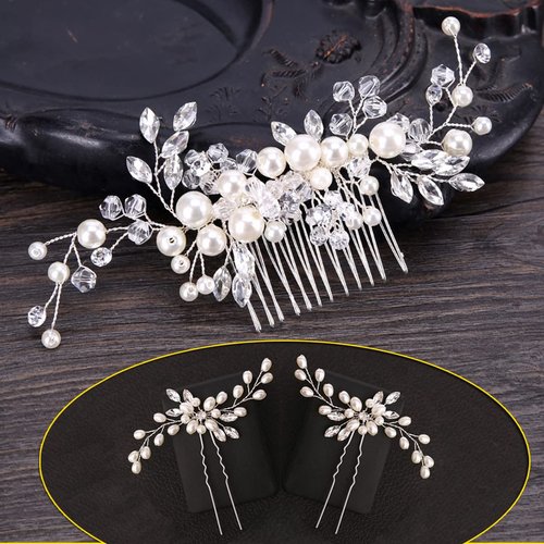 3PC Wedding Hair Accessories for Women Clysburtuony Bridal Flower Side Hair Clips Pearl Bridal Headpiece Wedding Hair Pins (White Combs) … (White)
