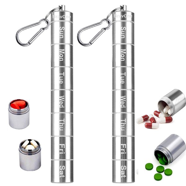 2 Pack Weekly Pill Box, 7 Day Pill Case, BravOne 7 Compartments Aluminum Alloy Portable Pill Holder Waterproof Medicine Organizer Mini Metal Pill Container with Keychain & Carabiner for Travel Camping