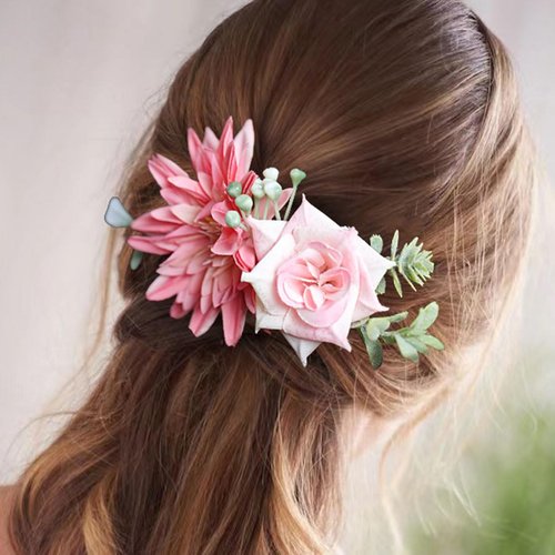 Fangsen Wedding Boho Pink Dahlia Rose Flower Hair Clips Floral Hair Accessories for Brides and Bridesmaids Silver