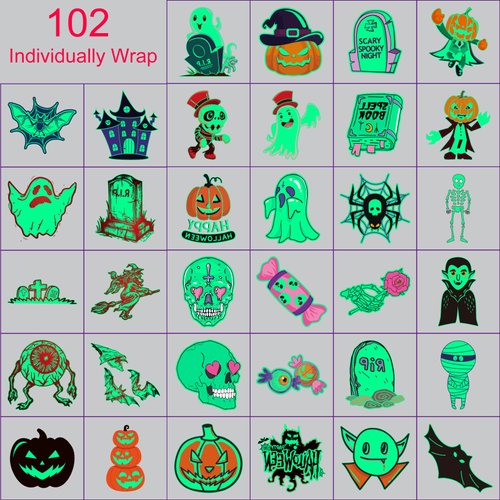 For Halloween Party Favors Supplies - 102 PCS Glow-in-the-Dark Individually Wrap Temporary Tattoos for Kids - Perfect Birthday Party Decorations Favors, Halloween Gifts Goodie Bag Fillers