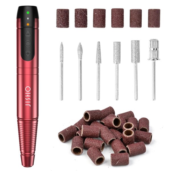 JISHO Electric Nail Drill Machine, Cordless Portable with Max 15000 RPM, USB-C Charging, Lightweight Design, Professional Nail Drill Perfect Gift for Nail Enthusiasts (Red)